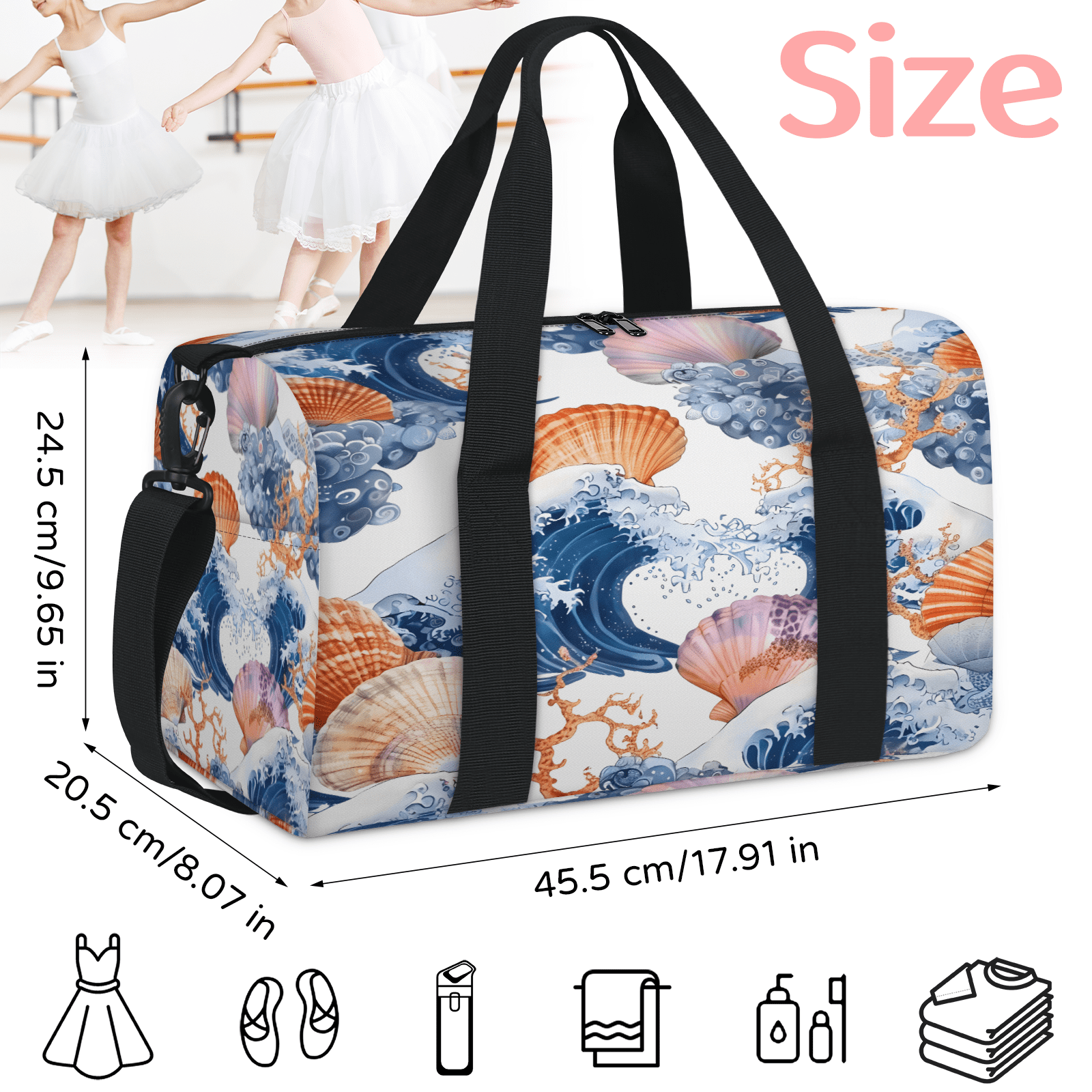 Herdesigns Nautical Coastal Starfish Seashell Gym Bag for Women, Duffle Bag for Travel Sport, Lightweight Waterproof Carry on Weekender Overnight Dance Yoga Workout Bags