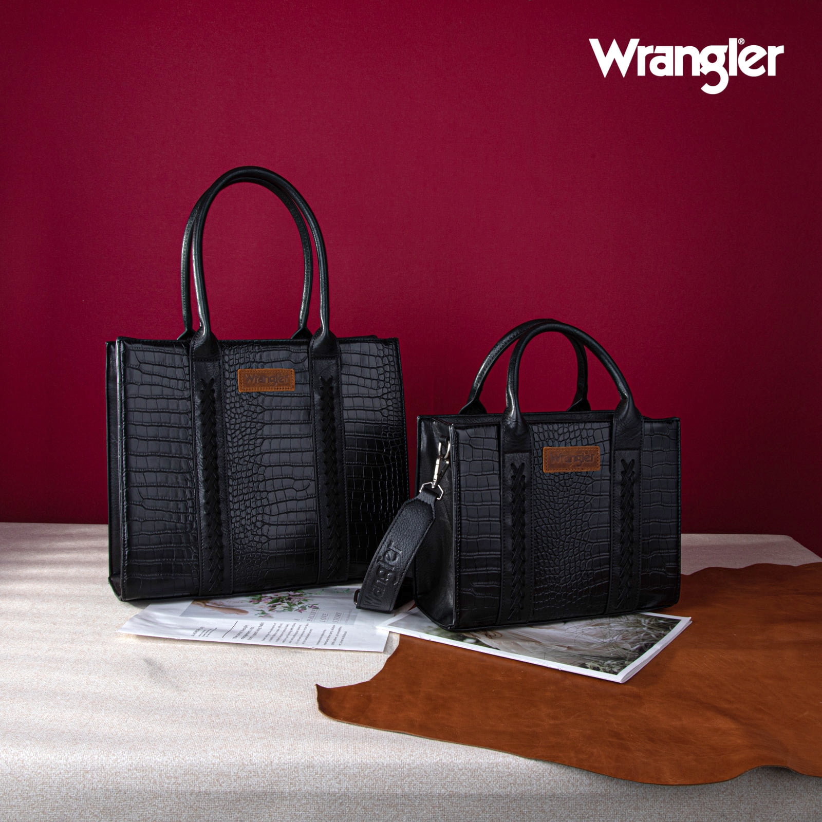 Wrangler Medium Tote Bag for Women Designer Satchel Handbags Top-handle Purses with Strap, Crocodile-Black