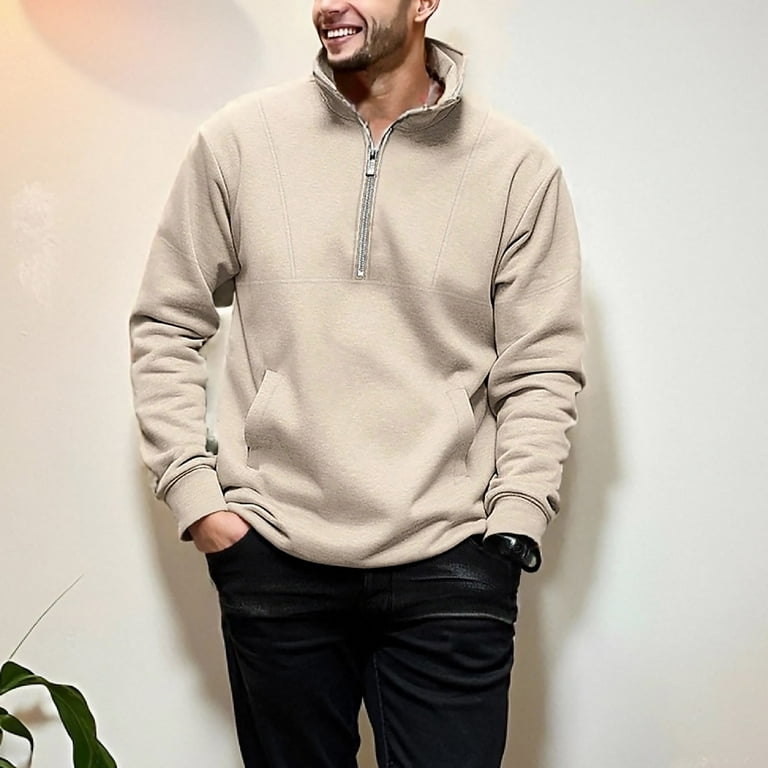 EchfiProm Beige Pullover for Men Zip Mock Neck Tranning Sweatshirt
