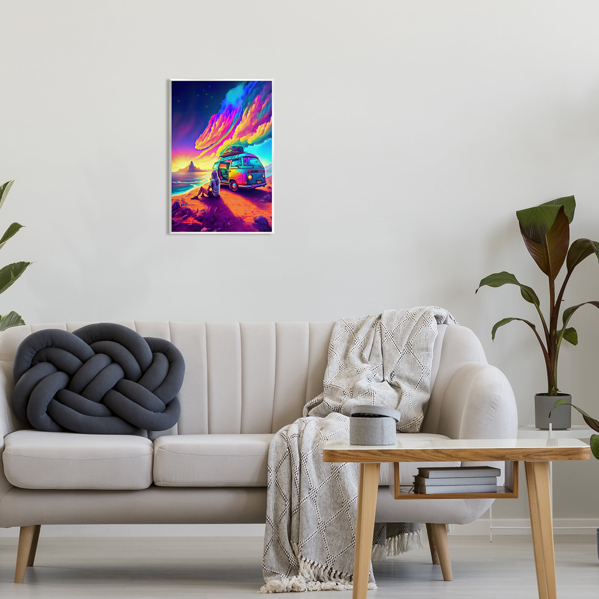 Stupell Industries Vacation Van on Beach Landscape Painting Unframed Art Print Wall Art, 13 x 19