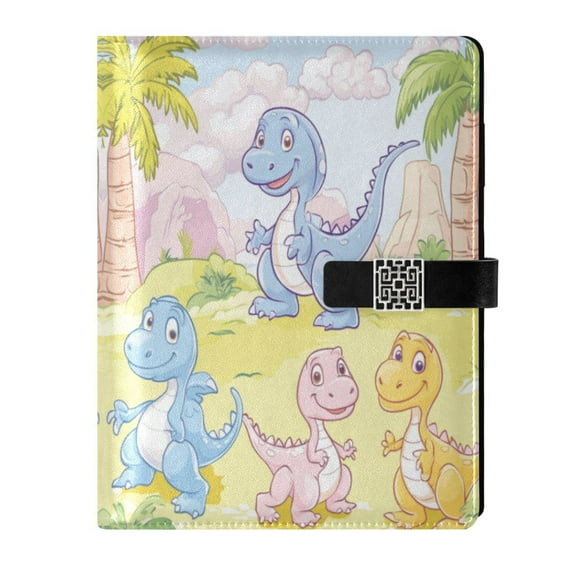 9.2x6.7 inch Leather Notebook 100 Sheets, Multi-Pocket Design & Pen Loop Pastel Cartoon Dinosaurs Refillable Journal Organizer
