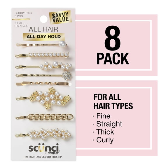 Scunci Mixed Pearl Bobby Pins, Gold, 8 Count