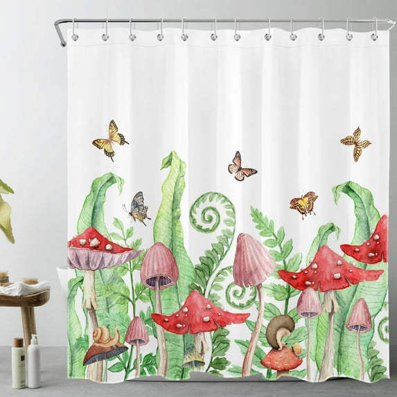 Red Mushroom Shower Curtain for Bathroom,Green Leaf Botanical with Colorful Butterfly on White Background Fabric Shower Curtain with Hooks,Farmhouse Vintage Bathroom Curtains Shower Set,72x78 inches