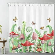 Red Mushroom Shower Curtain for Bathroom,Green Leaf Botanical with Colorful Butterfly on White Background Fabric Shower Curtain with Hooks,Farmhouse Vintage Bathroom Curtains Shower Set,69x70 inches