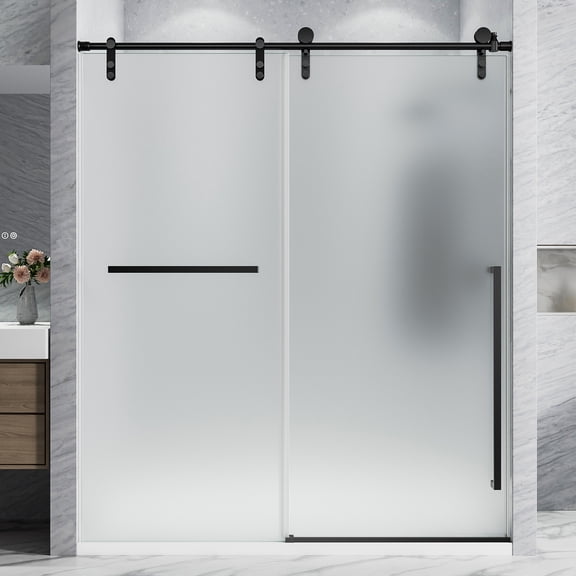 Frameless Single Sliding Shower Door, 56-60"W x75"H, Frosted 5/16"(8mm) Tempered Glass, Black Stainless Steel Handle
