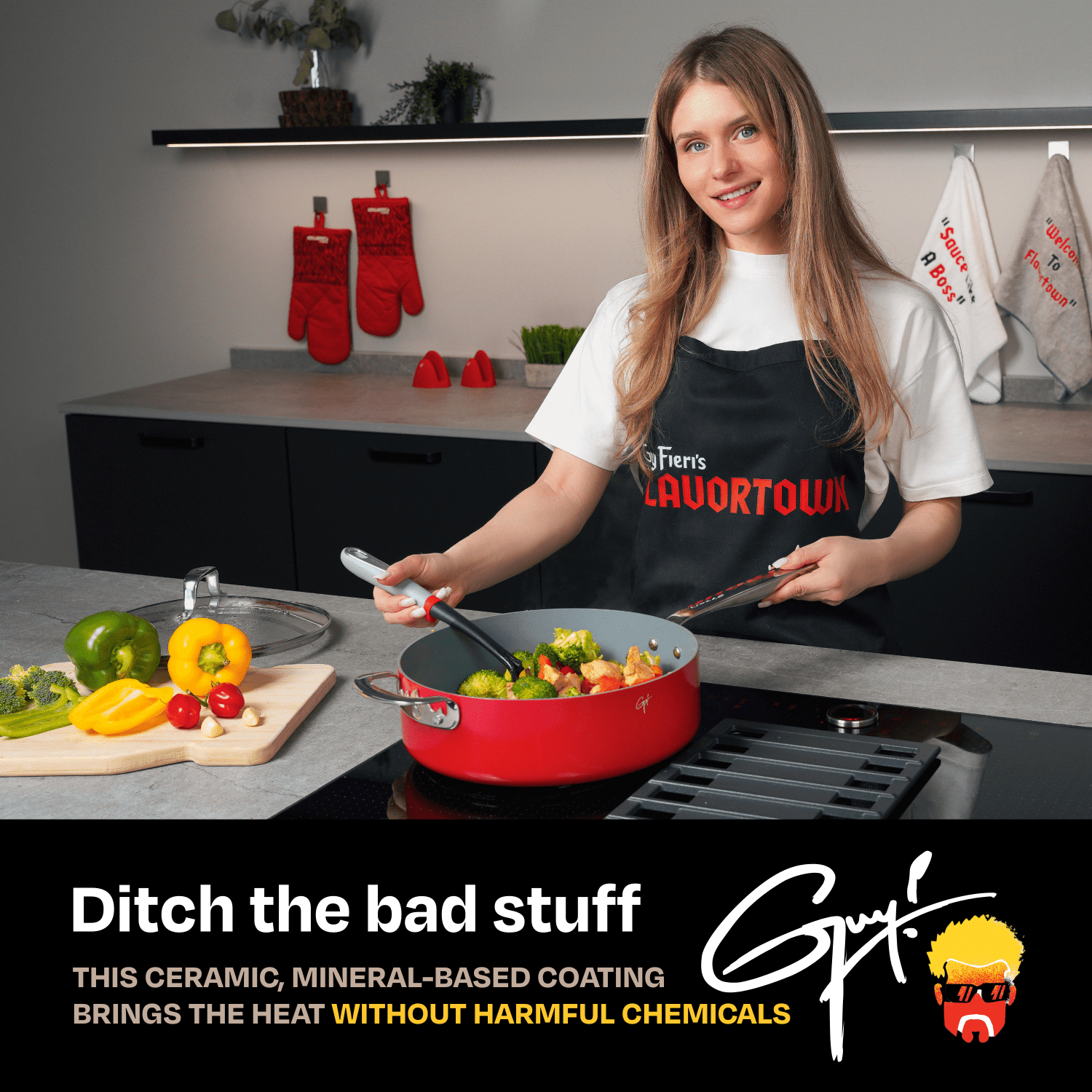Guy Fieri's Flavortown 6-Piece Ceramic Cookware Set, 8" & 10.2" Frypans, 2QT Saucepan, 3.2QT Sautépan Nonstick, Oven & Dishwasher Safe, Easy to Clean Everyday Cookware