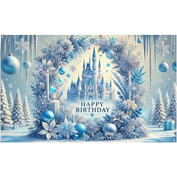 Birthday Party Decorations, Princess Castle Backdrop for Girls, 71x43 Inch Large Banner, Magical Snow Queen Winter Wonderland Photography Background, Ice Theme Kids Event Decor