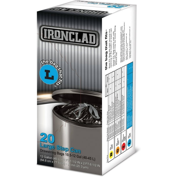 Ironclad 11.4 Gallon Large Step Can Drawstring Trash Bags, 20 Count