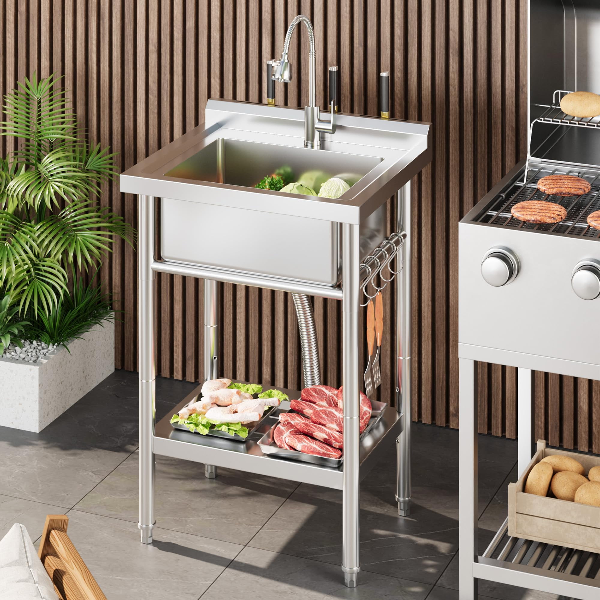 Accreate Freestanding Stainless Steel Utility basin with Faucet – 304 Single Bowl, Adjustable Legs, Storage Shelf, S-Hooks, Hot & Cold Water Pipes – Commercial Prep Kitchen/Laundry/Garage basin