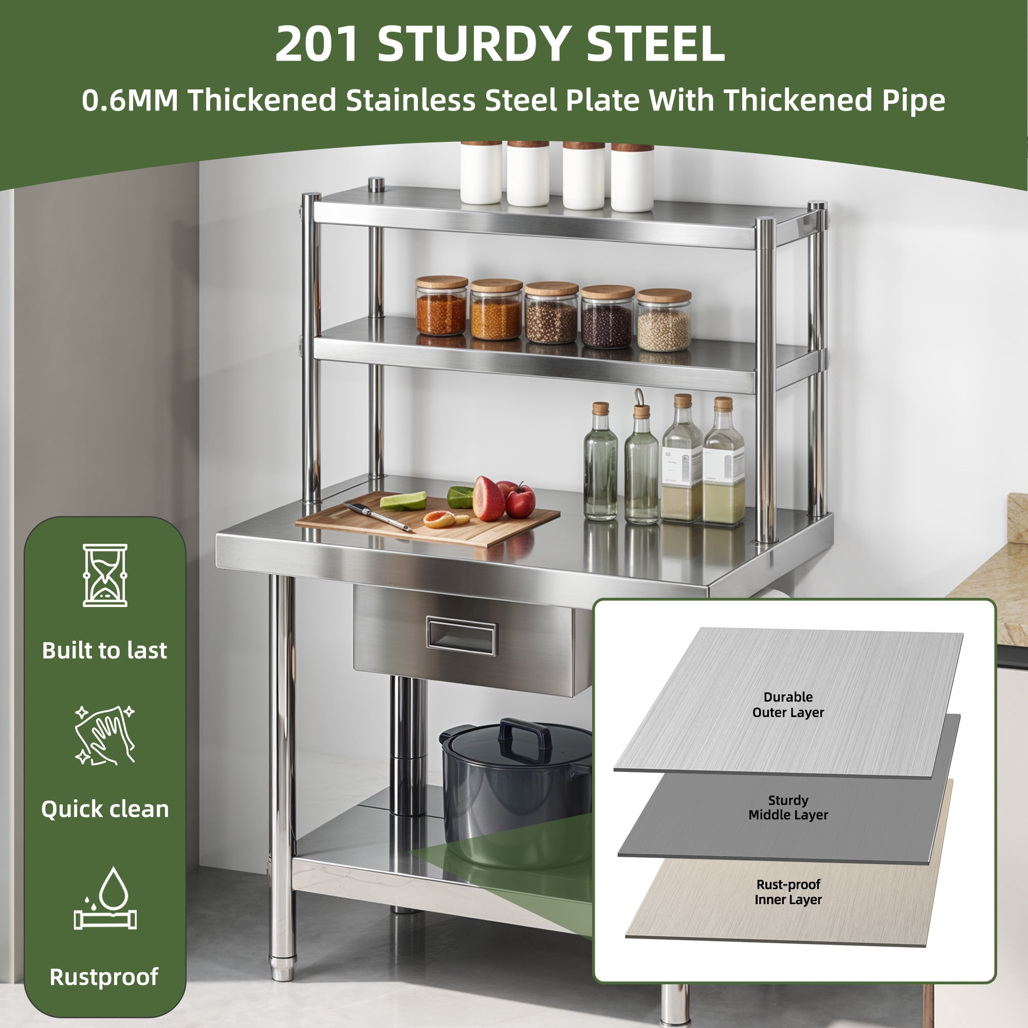 Uforic NSF Stainless Steel Table with Adjustable Height, Storage Rack, Towel Hanging Bar, Overshelves, Drawer, 36" x 24" for Kitchen, Restaurant