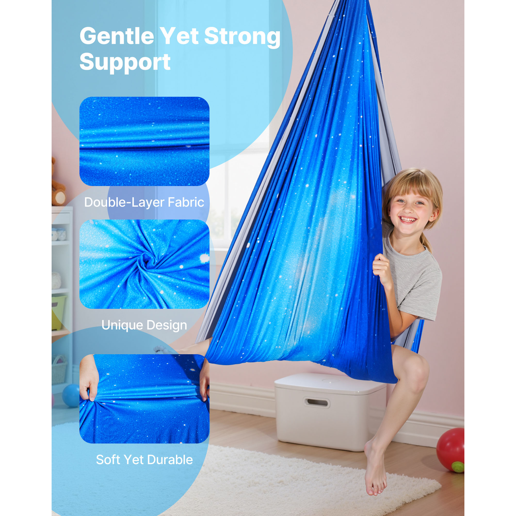 KFFKFF Sensory Swing with Double-Layer Fabric, Indoor & Outdoor Hammock for Kids, 360° Swivel Hanger, O-Sling, Supports up to 300lbs, Adjustable Aerial Yoga Hanging Swing