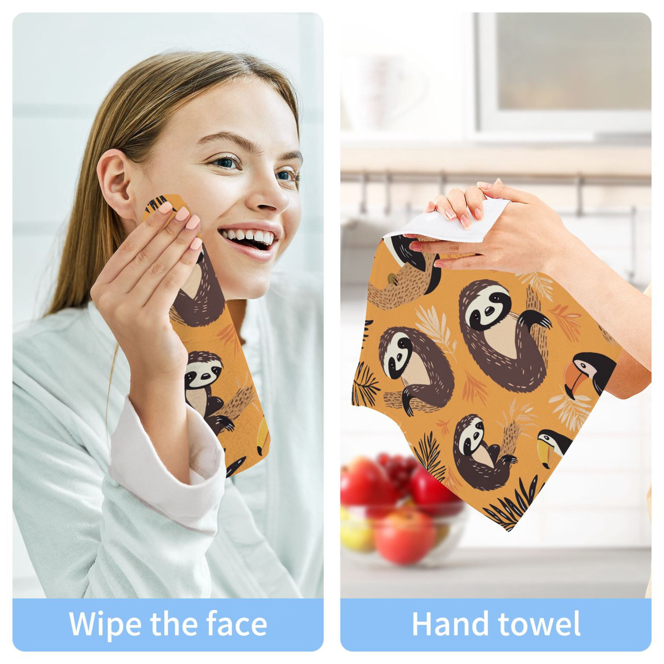 A Pattern with Cute Sloth and Toucan in The Jungle 100% Cotton Face Towel 12x12in Soft Absorbent Washcloth Durable Printed Hand Towels for Bathroom Travel 6 Pcs
