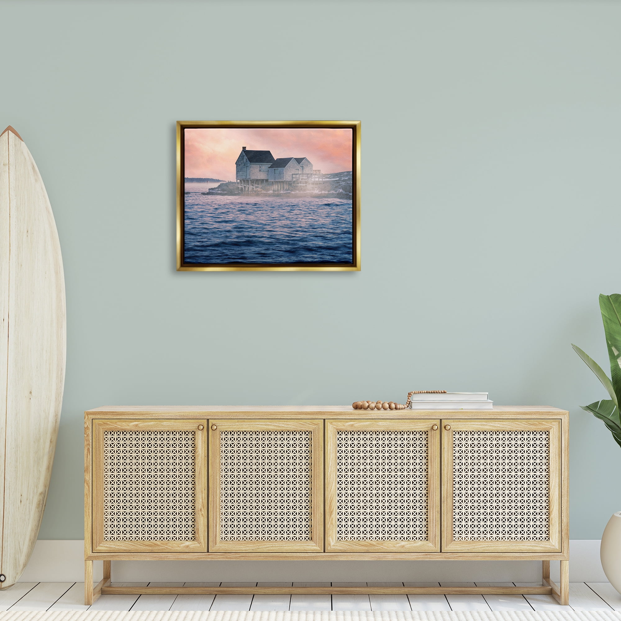 Stupell Coastal Cottage Seaside Ocean Waves Landscape Photography Gold Floater Framed Art Print Wall Art