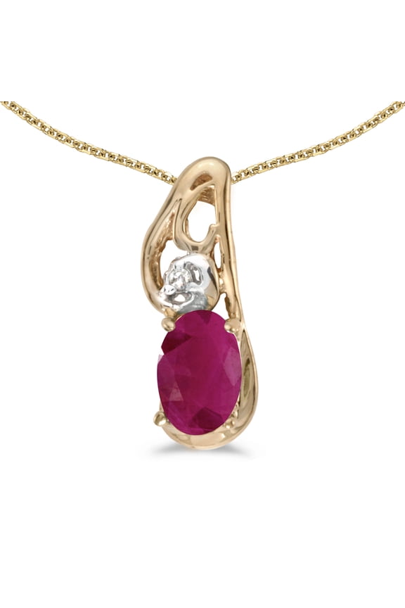 14k Yellow Gold Oval Ruby And Diamond Pendant with 18" Chain