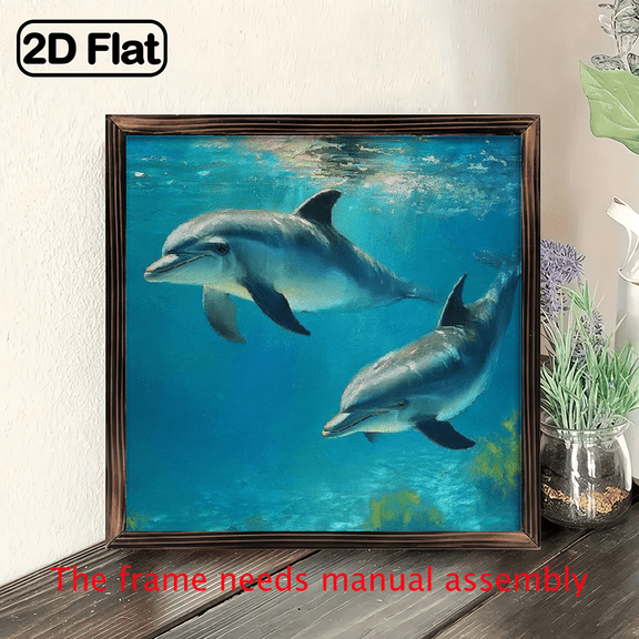 Wooden Framed Canvas Painting Dolphins Swimming Underwater Blue Ocean Art Prints Wall For Bedroom Living Room Home Decor Marine Life Canvas Print Poster Picture.