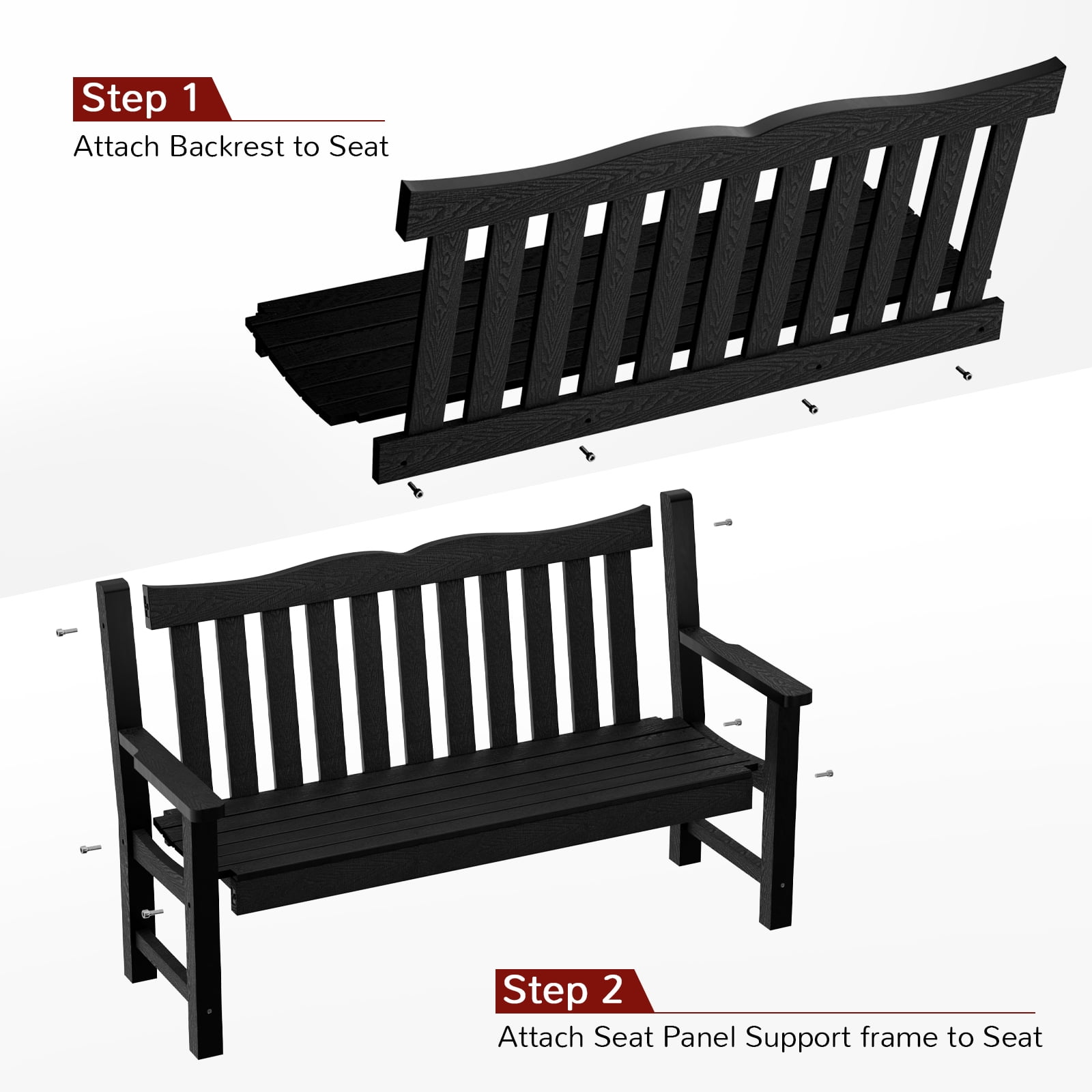 Stoog Two Person Outdoor Garden Bench with Armrest, Loveseat Porch Chair with 800 lbs Capacity, HIPS All-Weather for Patio Porch Backyard Park, Black