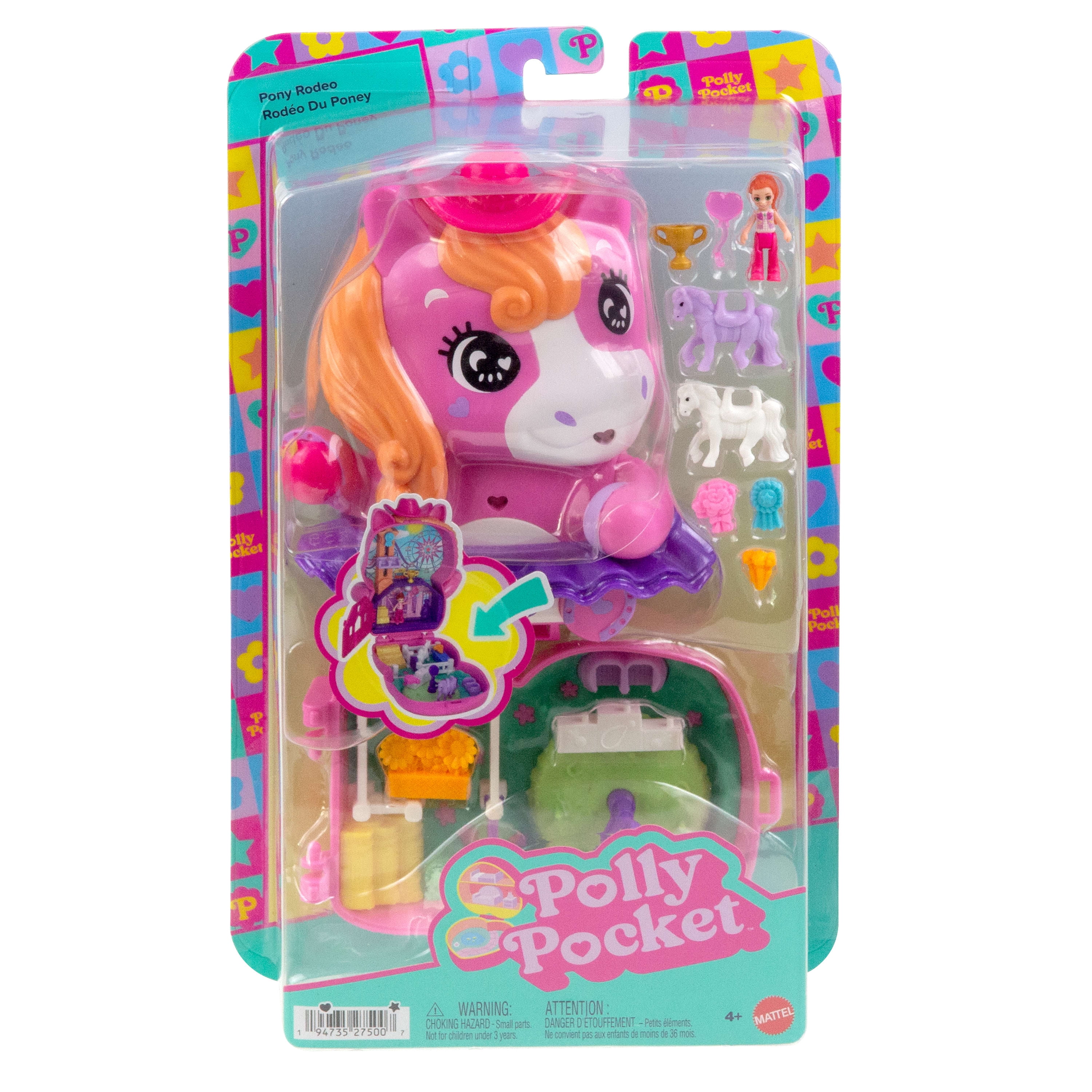 Polly Pocket Pony Rodeo Compact Playset with 1 Micro Doll and Pet Horses, Travel Toy with Food & Styling Accessories