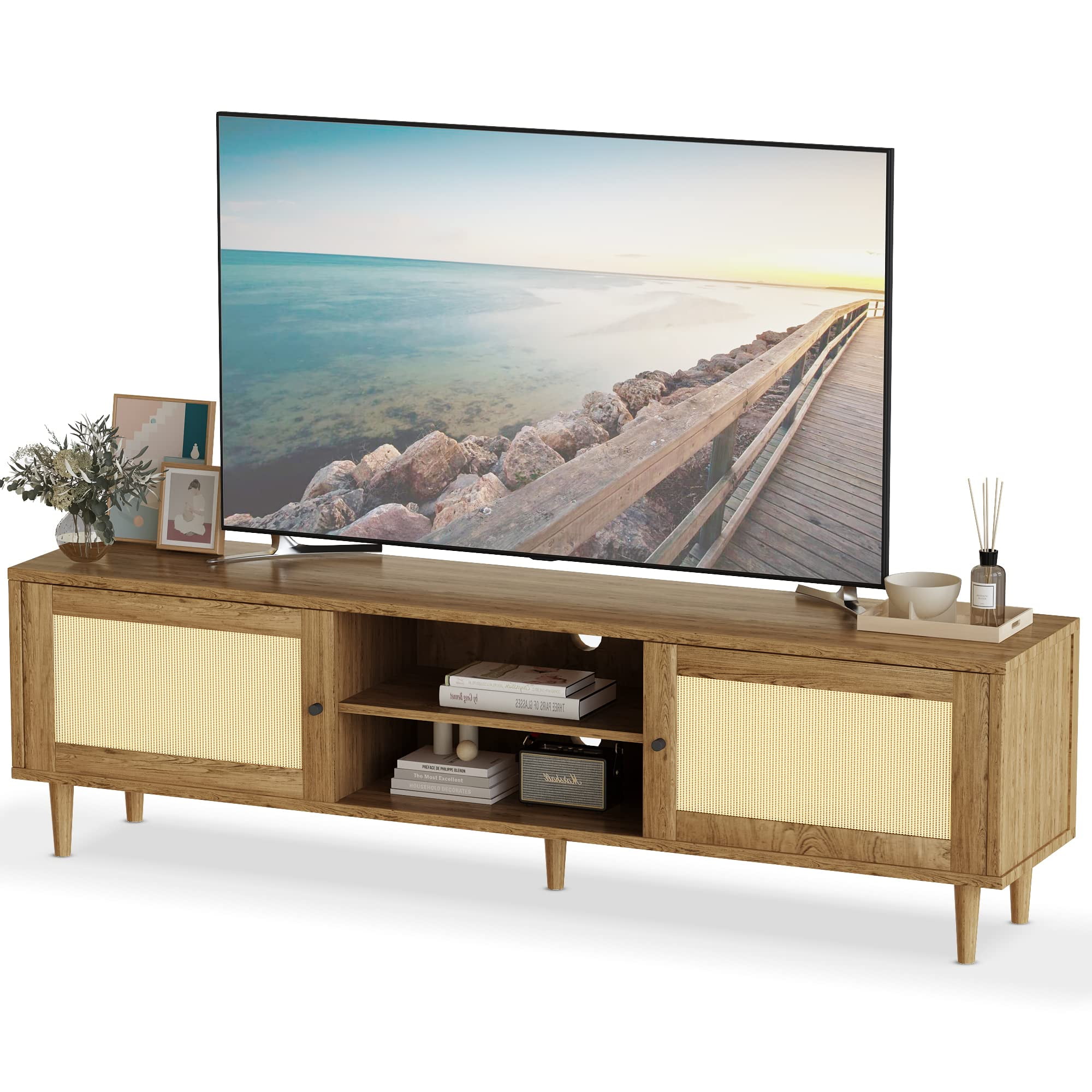 AWQM Rattan TV Stand, Entertainment Center, 65 Inch TV Modern TV