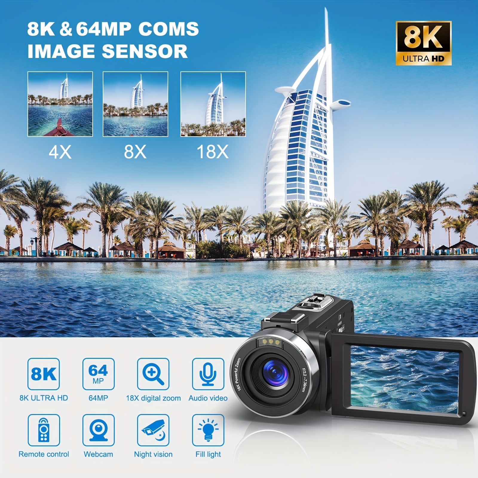 Camcorder Video Camera, 8K 64MP IR Night Vision, 18X Digital Zoom WiFi Camera, 3.0" Touch Screen, Microphone, 32G SD Card, Remote Control, 2 Batteries