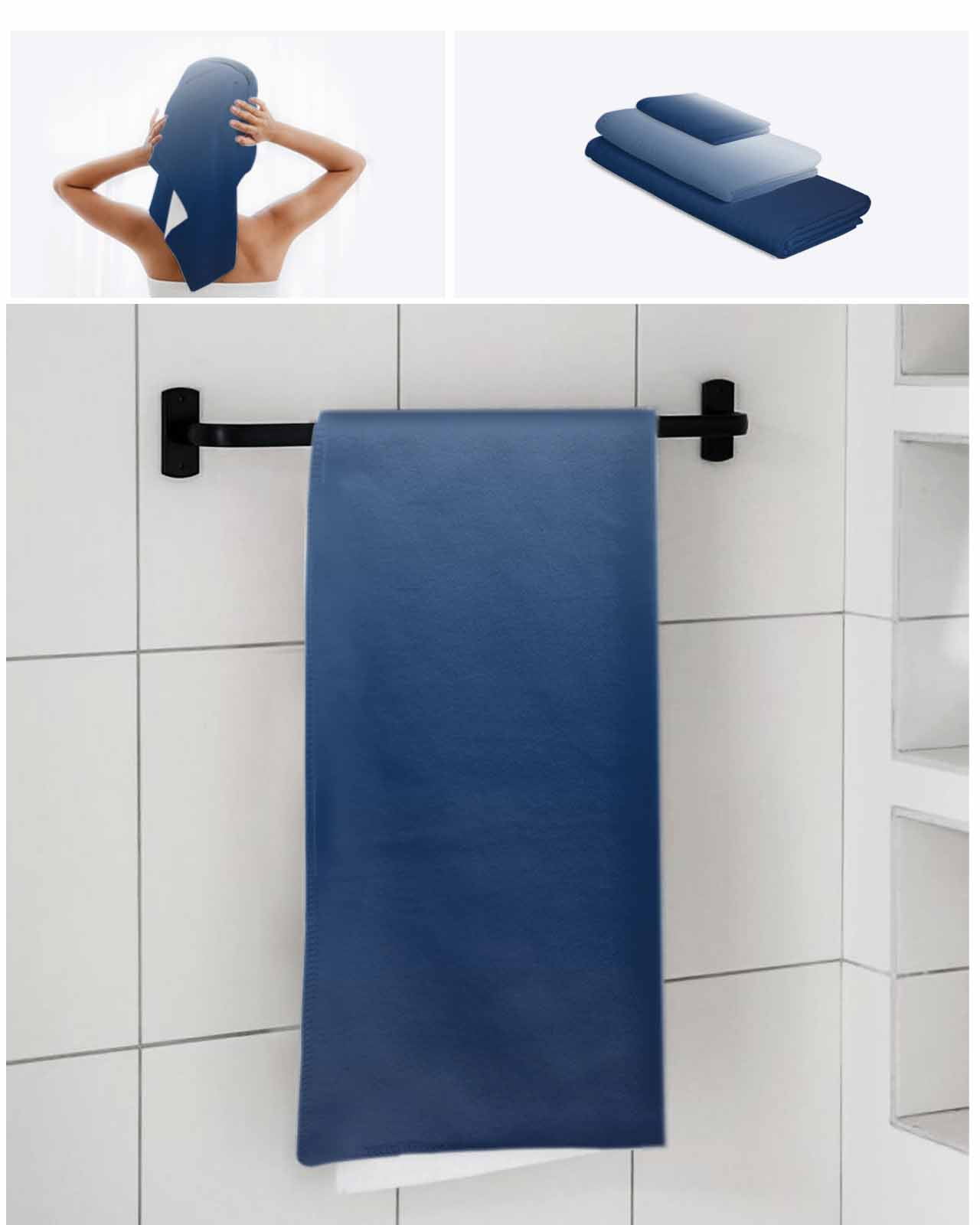 Navy Blue Ombre Bath Towels for Bathroom Set,Luxury Microfiber Towels Gifts for Women,Beach Kitchen Hand Hair Face Towel and Dish Washcloth,Modern Abstract Art Gradient Aesthetics Towels+Set