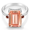 thumbnail image 2 of Gem Stone King 925 Sterling Silver Peach Nano Morganite and Red Garnet Ring for Women (6.40 Cttw, Emerald Cut 14x10MM, Gemstone October Birthstone, Size 5), 2 of 4