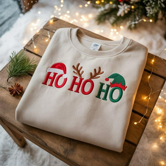 Christmas Ho Ho Ho Embroidered Sweatshirt, Christmas Santa Reindeer Elves Embroidered Shirt, Merry Christmas Gift, Winter Holiday Gift