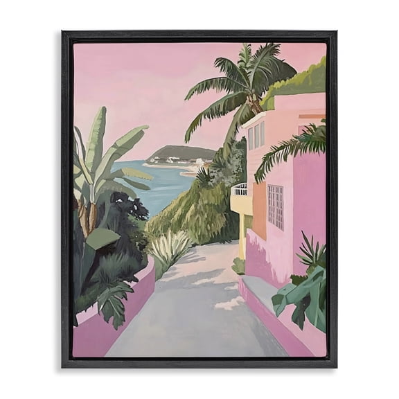 Stupell Industries Contemporary Mediterranean Pink Coastal House Black Floating Frame Canvas Art, 17 x 21, by The Prints Vibe