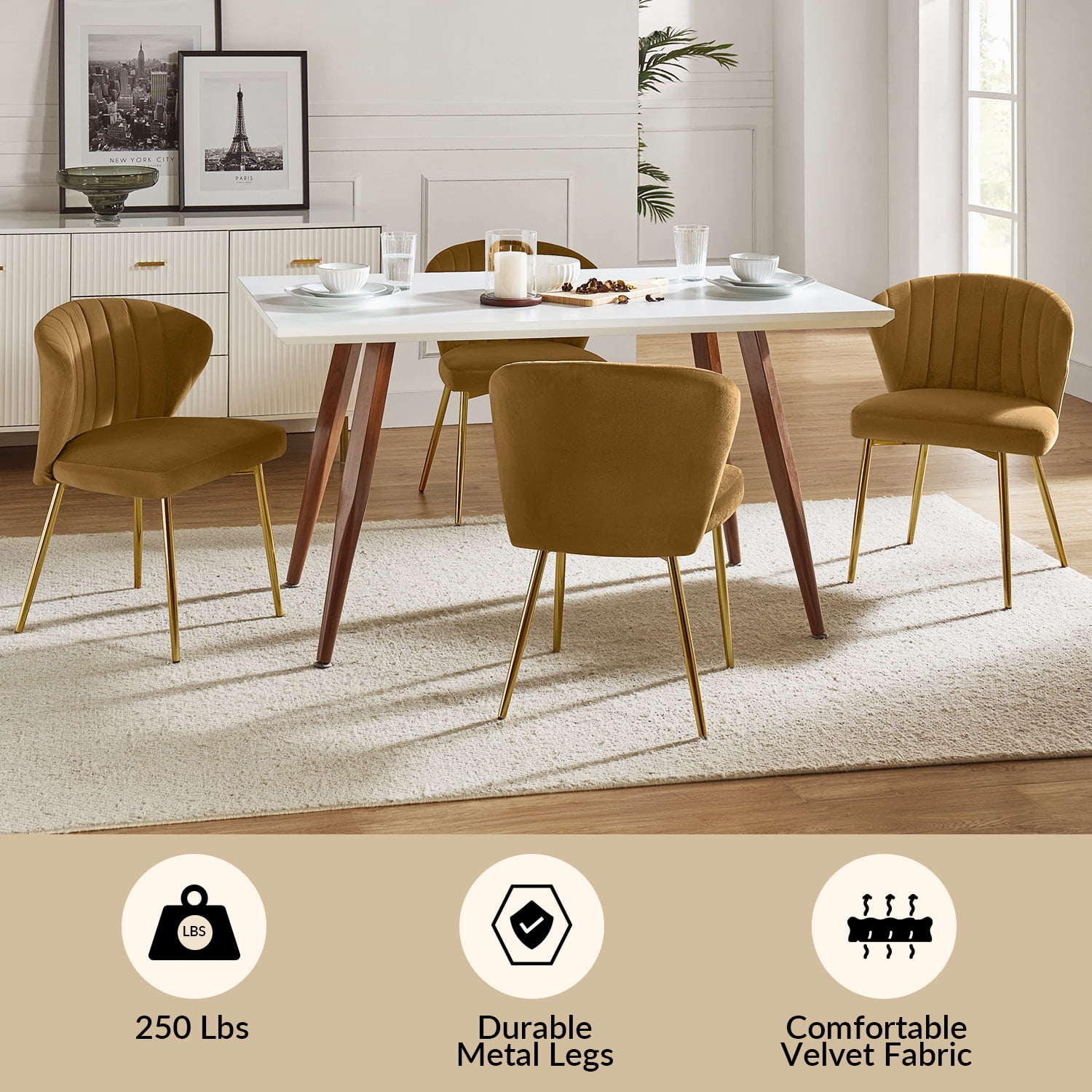 Tina's Home Velvet Dining Chairs Set of 2 Upholstered Wingback Side Chairs Living Room Kitchen Golden