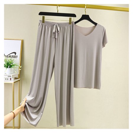 

Women s 2-Piece Summer Pajama Short Sleeve Tee & Loose Wide-Leg Pants Sleepwear Light Grey 4XL