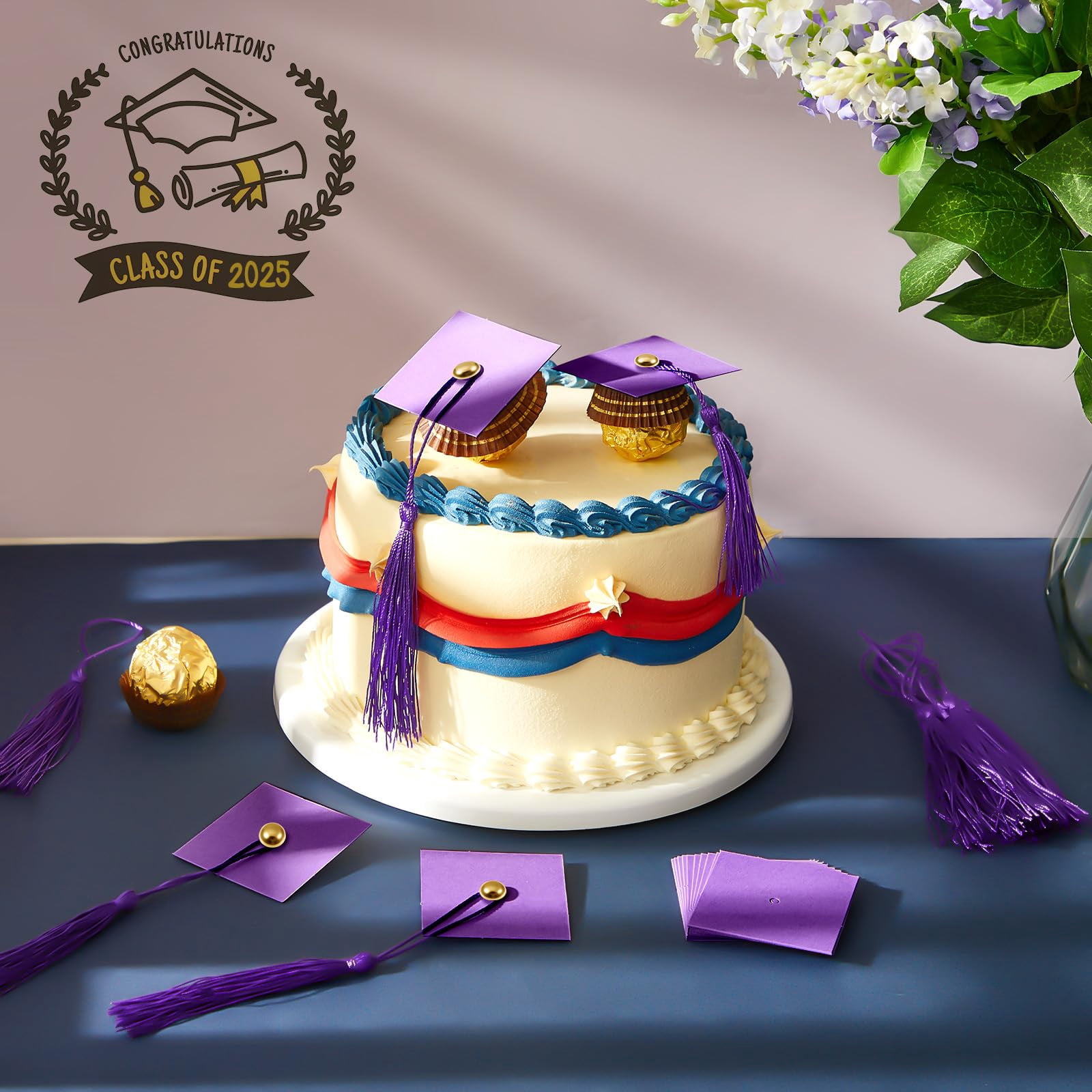 50 Purple Graduation Cap Cupcake Toppers Chocolate Mini Decor for Theme Parties