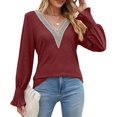 thumbnail image 1 of Camiseta holgada de manga larga shaofei con cuello en V y volantes para mujer color rojo vino talla M, 1 of 5