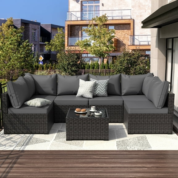7 Piece Outdoor Patio Furniture Set Black PE Rattan Wicker Sofa Set With Table,Grey
