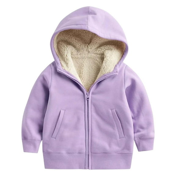 Hjtefg Winter Girls Jacket With Hood Warm Thickened Windproof Zip Up Coats For Kids Soft Outerwear Lamb Wool Like Lined,Color: Purple Size: 6-8 Years