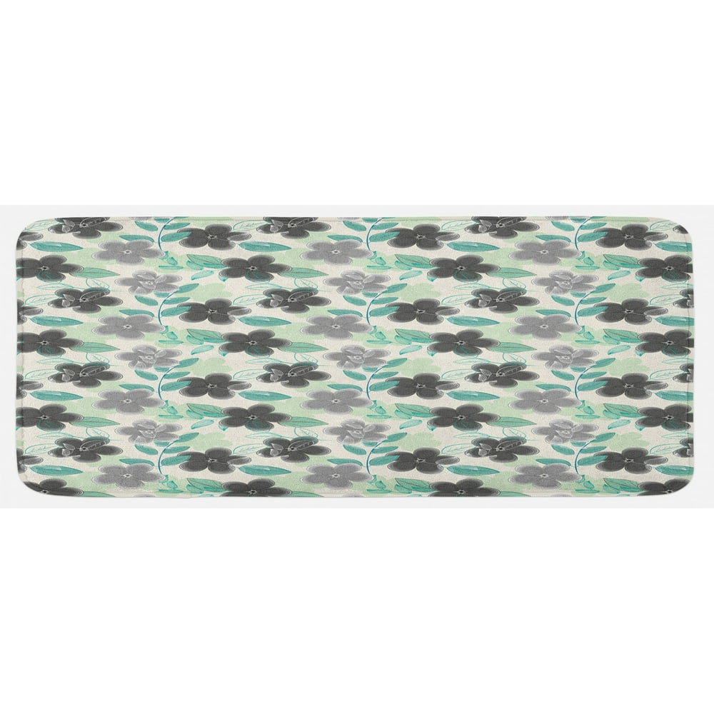 Floral Kitchen Mat, Abstract Nostalgia Pattern with Retro Blooms and