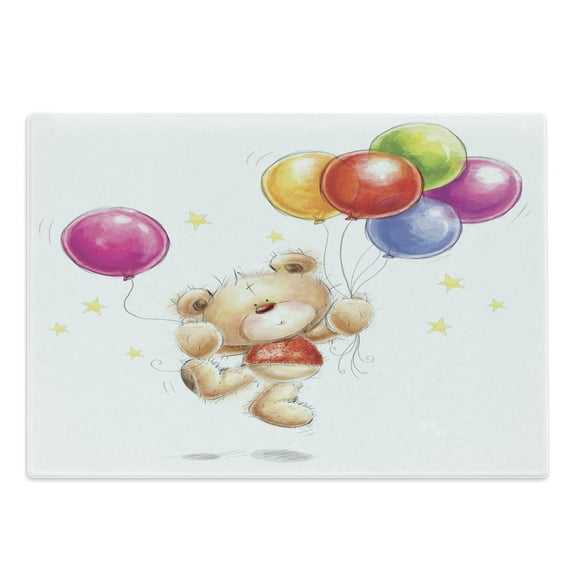 Cartoon Cutting Board, Teddy Bear Colorful Balloons and Stars Cheerful Love Friends Animal Cartoon Print, Decorative Tempered Glass Cutting and Serving Board, Large Size, Multicolor, by Ambesonne