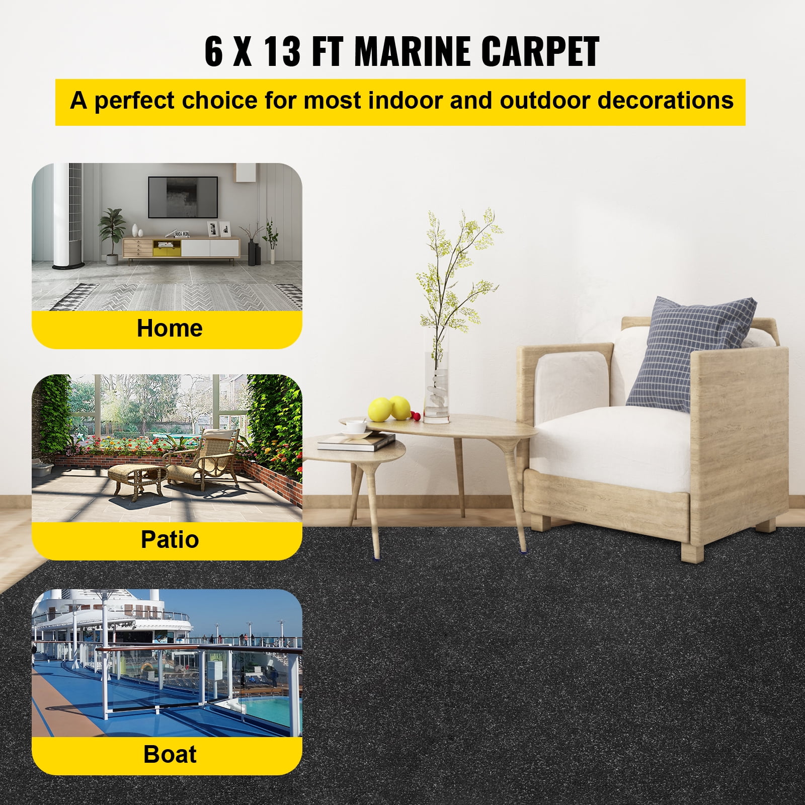 VEVOR Boat Carpet 6x13' Indoor Outdoor Marine Carpet Rug - Size Optional - 32 oz. waterproof patio Anti-slide rug, Black