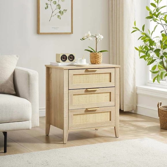 Qinaqin Rattan Nightstand con 3 Natural Cajones Boho Cabecera Mesa Almacenamiento para Dormitorio y Living Sala