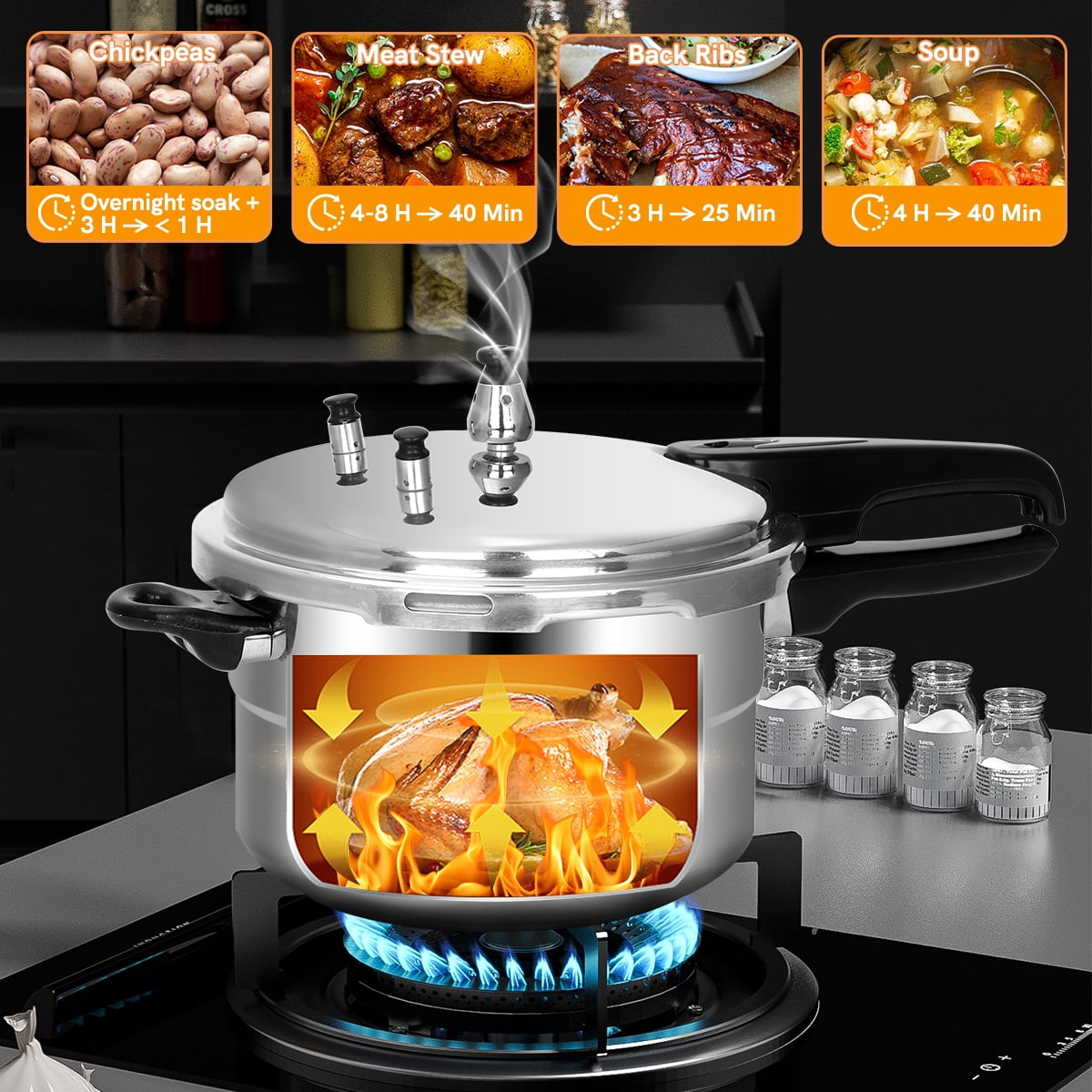 BreeRainz 5.3 Quart Pressure Cooker, 10 PSI Induction Compatible Pressure Canner w/ Honeycomb Stainless Steel Clad Base for Fast & Even Heating, Canning Rack Included