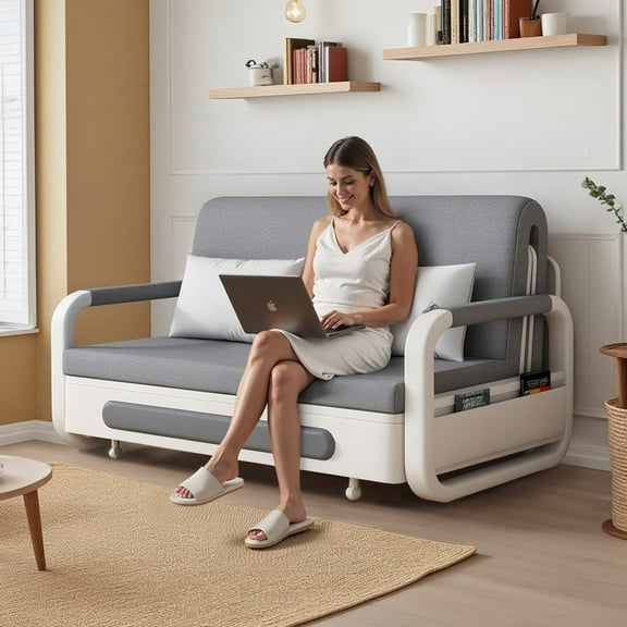 gaoyangjiaju Full Size Pull-Out Sofa Daybed with Trundle, Versatile Futon Couch with Sleeping Function,Metal armrest and Storage Space, for Small Rooms and Living Rooms,59.84"