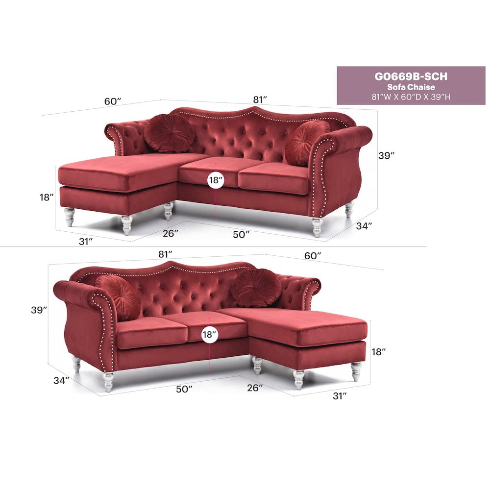 Glory Furniture Hollywood Sofa Chaise in Burgundy Color