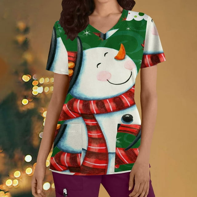 LSLJS Mode Femme Manches Courtes Col en V Hauts Uniforme de Travail Imprimé de Noël avec Poche Blouse Hauts, Hauts de Gommage de Noël