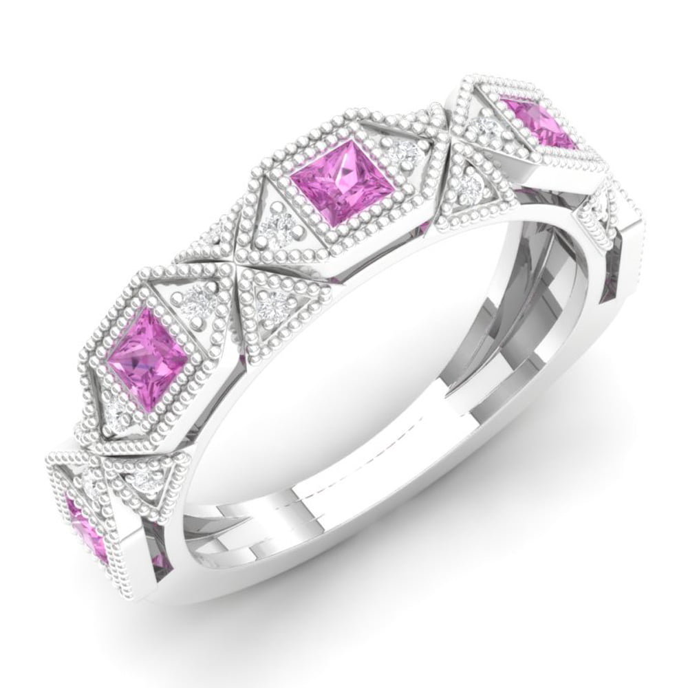 Dazzlingrock Collection 14K Gold Princess Pink Sapphire & White Diamond Ladies Wedding Ring