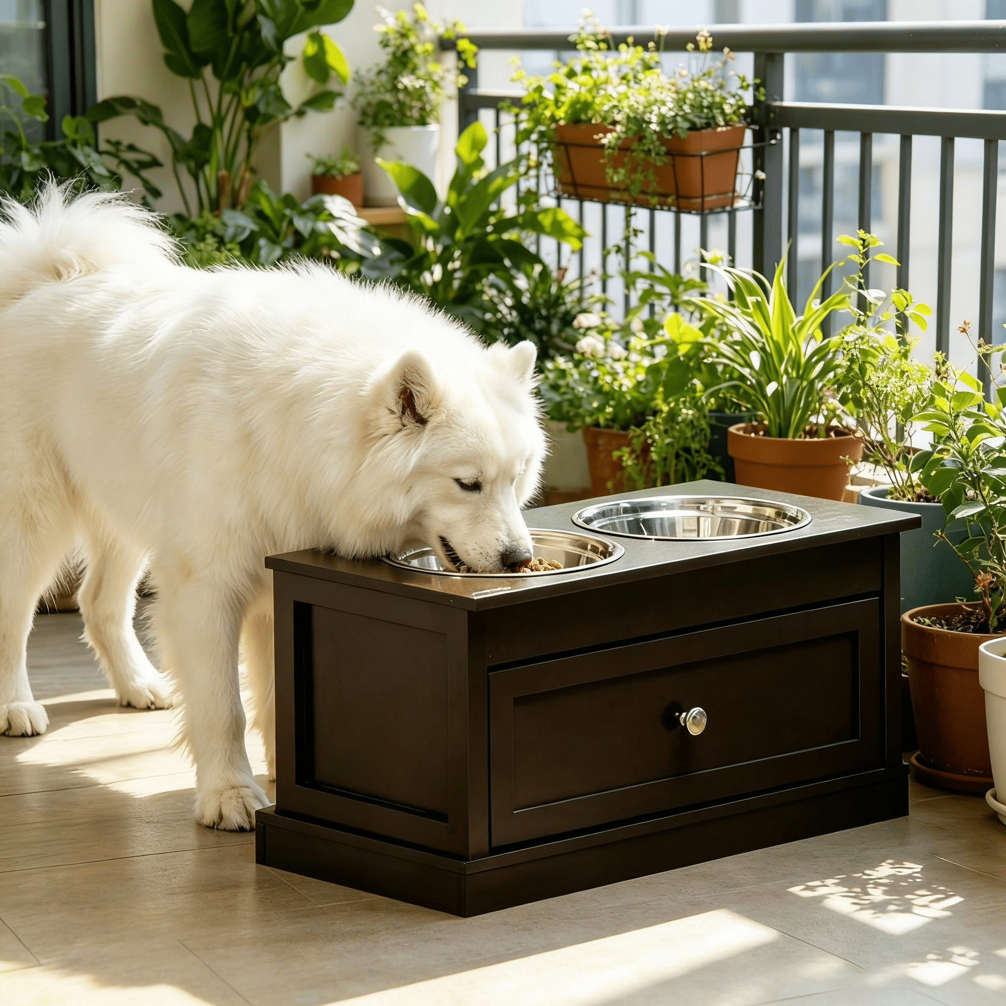 Elevated Dog Bowls with Storage Drawer, Raised Pet Feeder Station with Dishwasher Safe Stainless Steel Bowls, Modern MDF Feeding Stand in Espresso Brown for Large Dogs