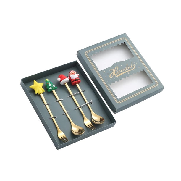 Cucharas navideñas, Cucharas de postre, Cucharas de café de acero inoxidable, Cucharas de cocina Caja verde con tenedores