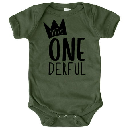 

Olive Loves Apple Mr.One-Derful 1st Birthday Bodysuit for Baby Boys First Birthday Black on Military Green Bodysuit 12 Months