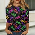 thumbnail image 2 of Mardi Gras Shirts Womens Sparkly Crew Neck Novelty Blouse 3/4 Sleeve Mask Print Purple Tunic Tops Black M, 2 of 5