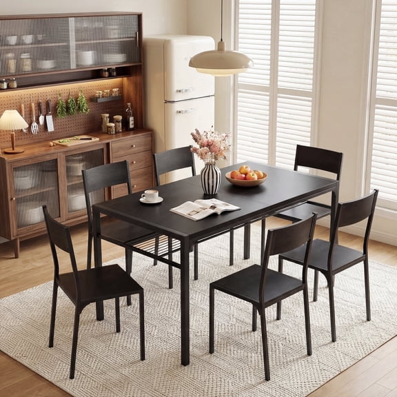 7-Piece Kitchen Dining Table Set, MDF Wood Kitchen Table and Chairs for 4-6 People with Storage Rack, for Small Space, Apartment, Space-Saving, Patio - Black