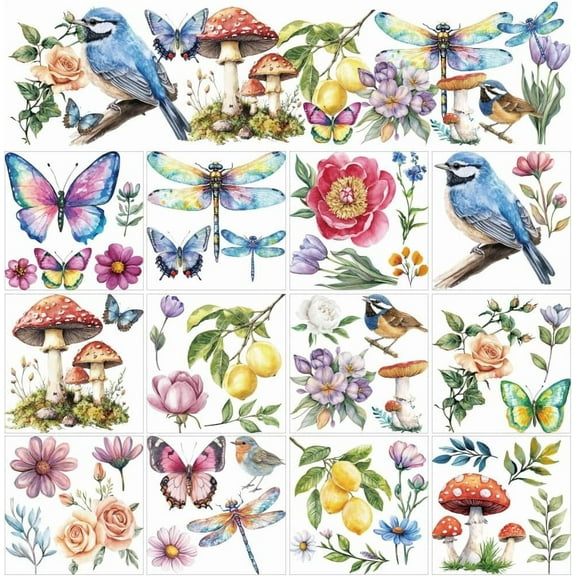 12 Sheets Rub on Transfer Stickers Flower Mushroom Butterfly Bird Window Sticker Clings Home Decor Stickers for Christmas Day School Classroom Nursery Dresser Glass Porcelain 5.5x5.5" colorful