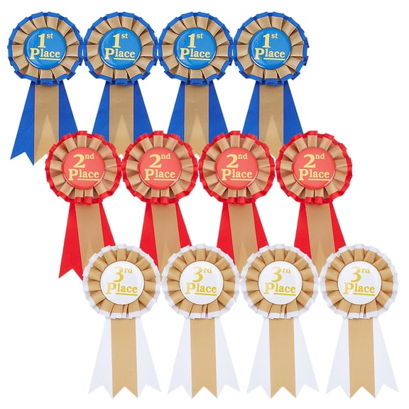 12Pcs 3 Colors Place Winner Ribbons Colorful Medals Ribbon Shape Iron Badge Pins for Graduated Ceremonies ClassesSport Event Competition Awards