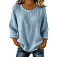 thumbnail image 2 of Holzkary Womens Linen Tops 3/4 Sleeve Crew Neck Tops Peasant Blouses Gauze Shirts Bohemian Shirts Tunic Loose Clothes Breathable Tops Travel Blouses Gauzy Tops Buisness Work Tee Shirts Elegent Tops, 2 of 5